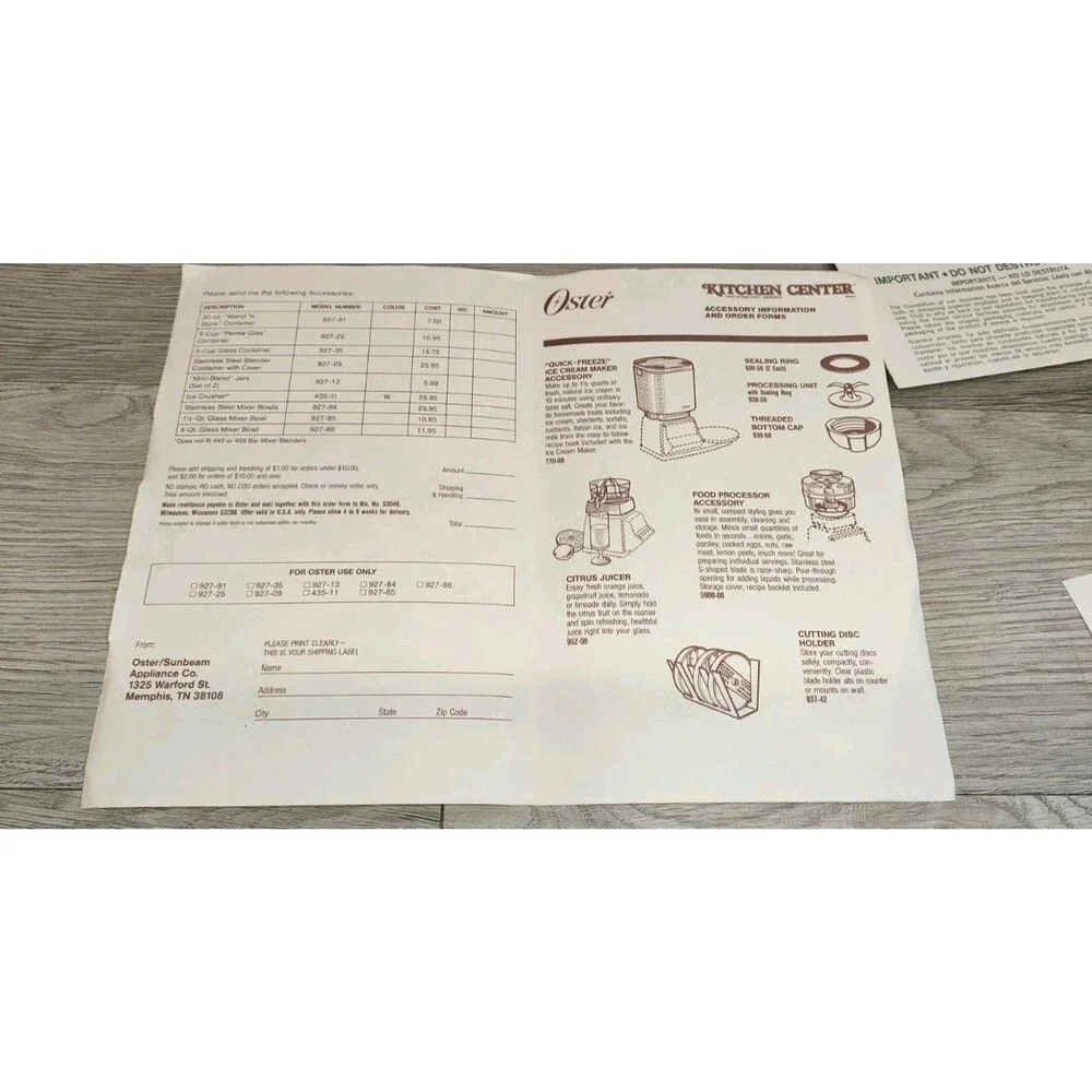 1985 Oster Kitchen Center Recipes/Instruction Owner's Manual Booklet Vintage